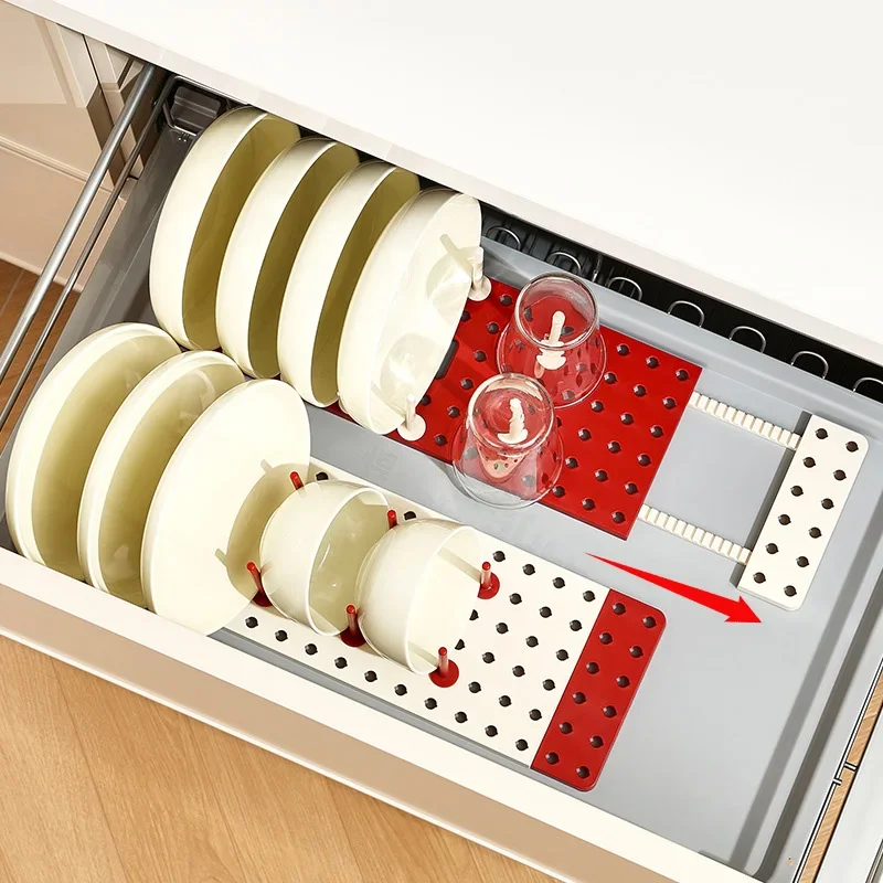 1pc Küche Schublade Ausziehbare Gerichte Lagerung Rack Einstellbare Geschirr Tasse Ablassen Rack Schüssel Platten Regal Küche Organizer