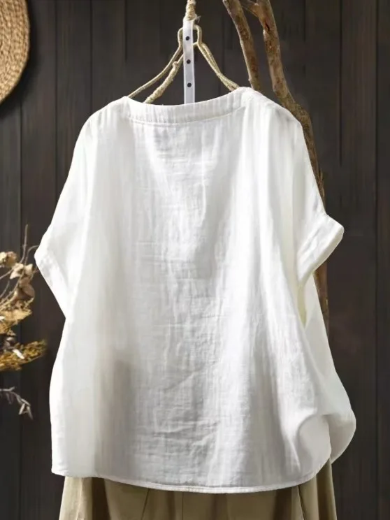 Summer New Loose Casual Pure Cotton ort Sve Overhead irt Women's Artistic Printed Top Faionable Versatile ort Sle