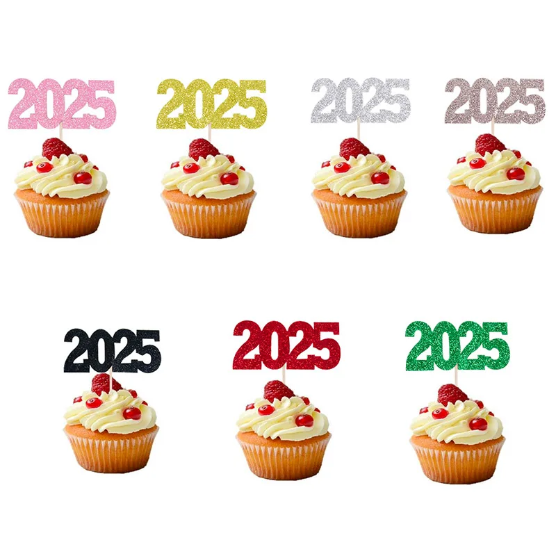 12pcs 2025 New Year Cupcake Toppers Glitter Food Cake Picks Toothpick New Years Eve Party Decoration Christmas Cake Decor Supply