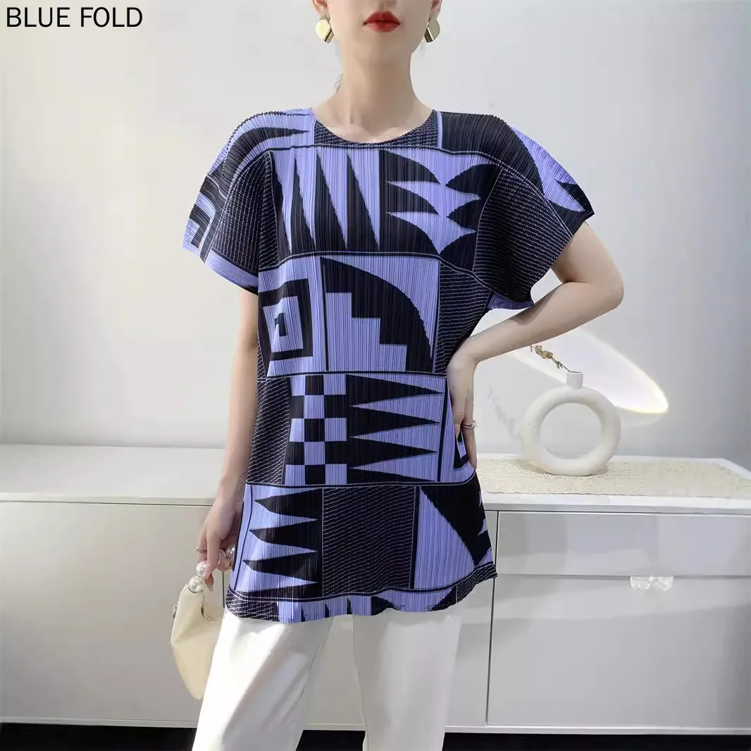 MIYAKE PLEATS Summer Pleated Tops for Women Comfortable Casual Loose T-shirts Round Neck Short Sleeves Oversize T-shirt