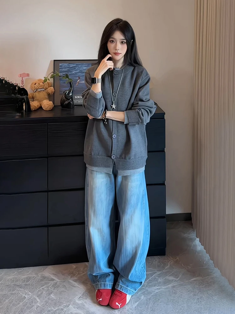 

ay Fake Two-Piece Open Cardigan Sweater Men Women Autumn Winter Old Money Sle Color Blo Knitted Loose Fit American Jaet