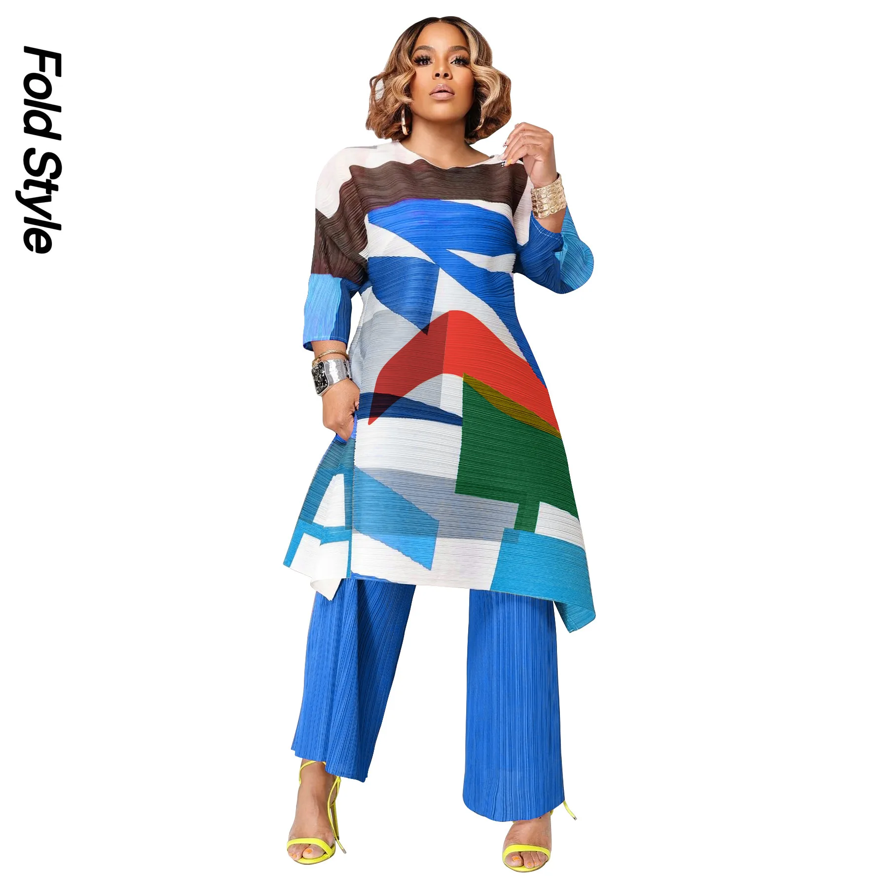 

Miyake 2 Pieces Sets for Women Loose Long Color Block Shirt with Wide Leg Pants Female Fashion Clothing 2025 Spring