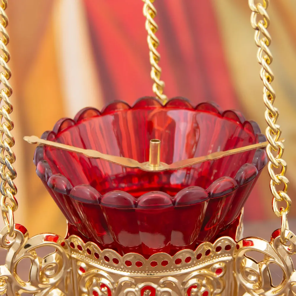 HTISOK Antiker Goldener Kirchen-Weihrauchbrenner mit Karmesinglas-Schale, Vintage-Ritualartefakt, Meditationsbrenner, Sammlerstück für die Altardekoration – Detail 2