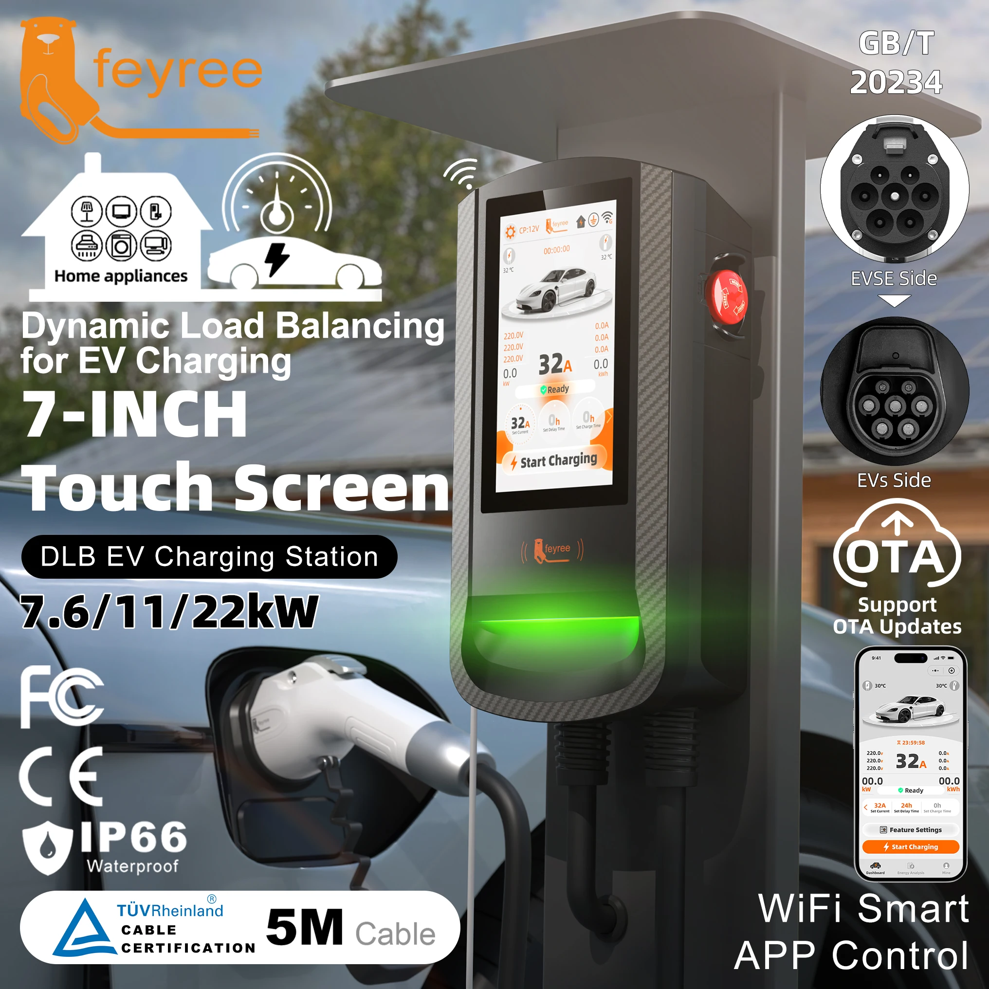 Feyree GBT Dynamic Load Balance 7-Inch Touth Screen EV Wallbox Smart RFID Card APP Control EV Charging Station for Outdoor Use