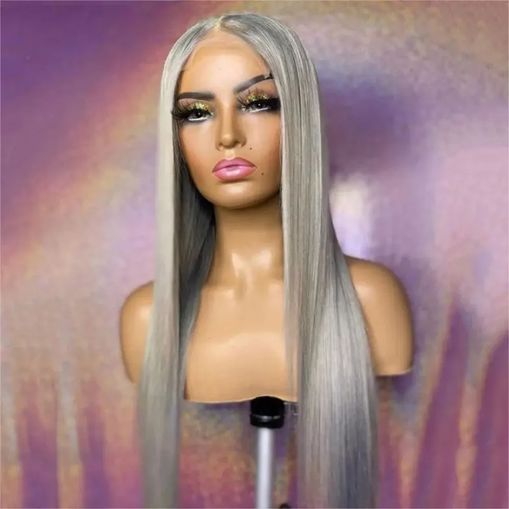 Silver Grey Wig Long Silky Straight Free Part Synthetic Lace Front Wigs Heat Resistant Fiber Wig for Women Daily Party Cosplay