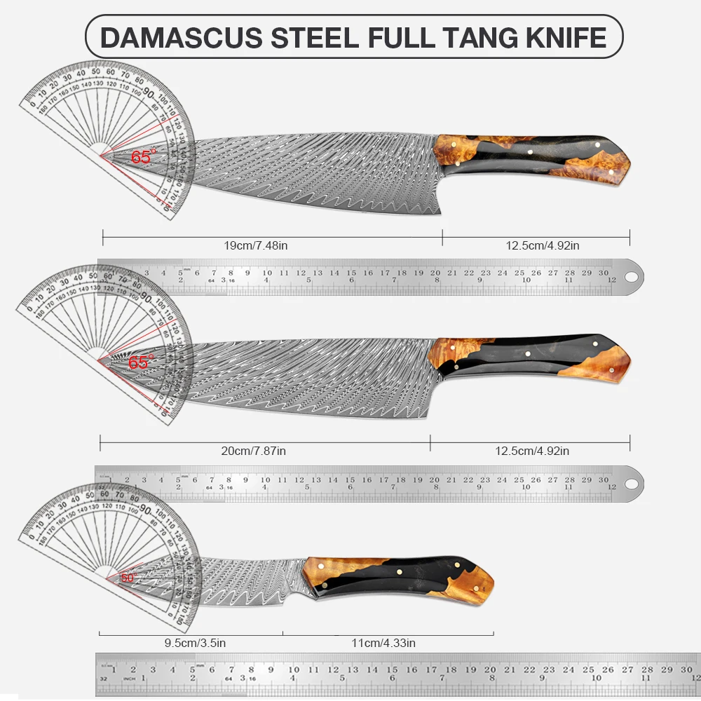 Damascus Kitchen Knife Set 3-Piece Full Tang Damascus Steel knife Blade Ultra Sharp Chef's Knife Slicing Knife Fruit Knife