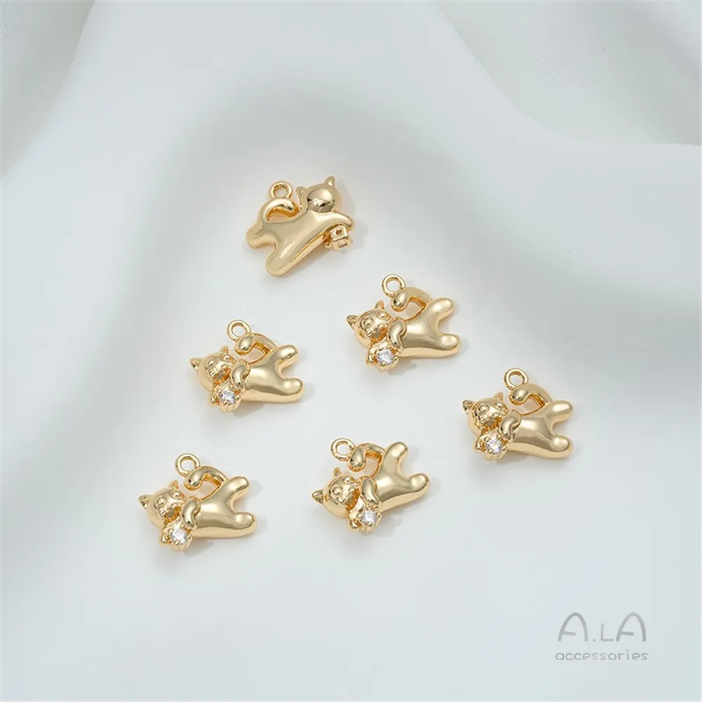 Tas Tembaga 14K Liontin Dinosaurus Kucing Kuda Kartun Kuda Kayu Zirkon Bertatahkan Emas Asli Aksesori Liontin Ornamen Gelang Diy