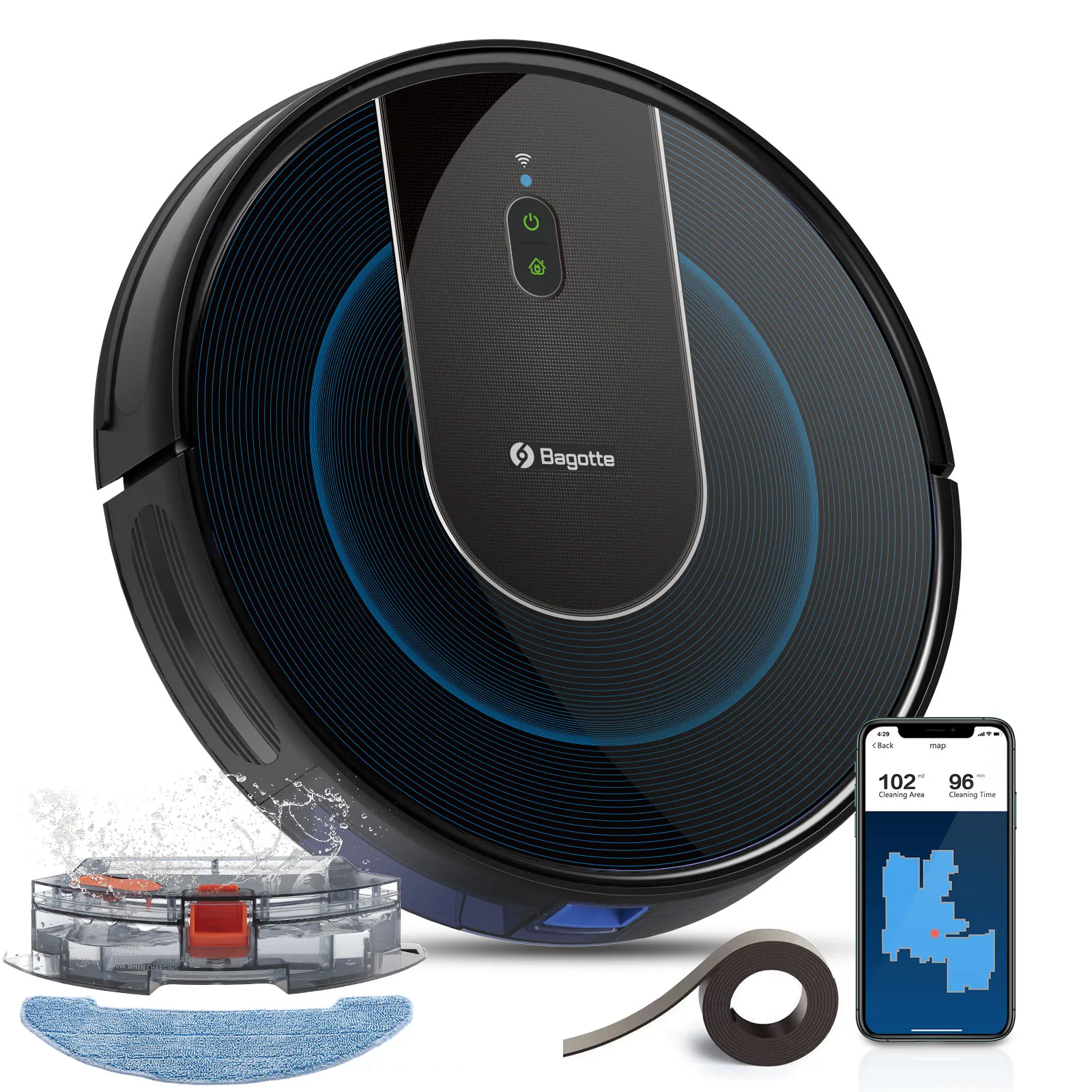 Bagotte Robot Vacumn Mop Pet Hair Cleaning Self Charging Smart Vacuum Cleaner