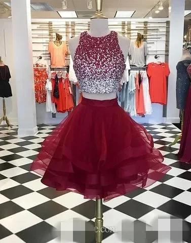 IRIDESCENT Two Piece Ball Gown Tulle A Line Sparkly Sequins Homecoming Dresses Tiered Skirt Jewel Neck Sleeveless Cocktail Party