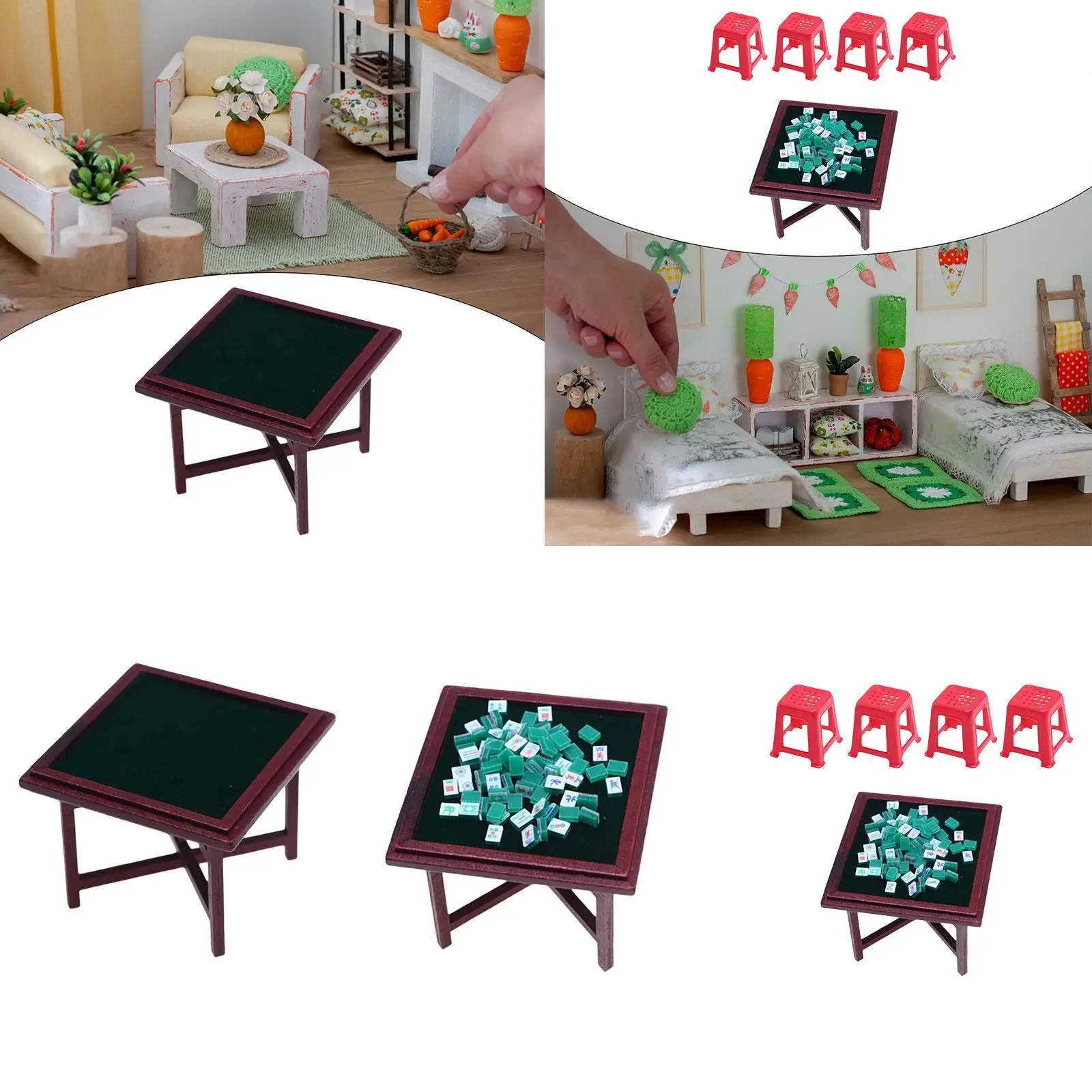 1/12 Miniature Mahjong Set Portable Life Scene Dollhouse Gaming Table Chairs