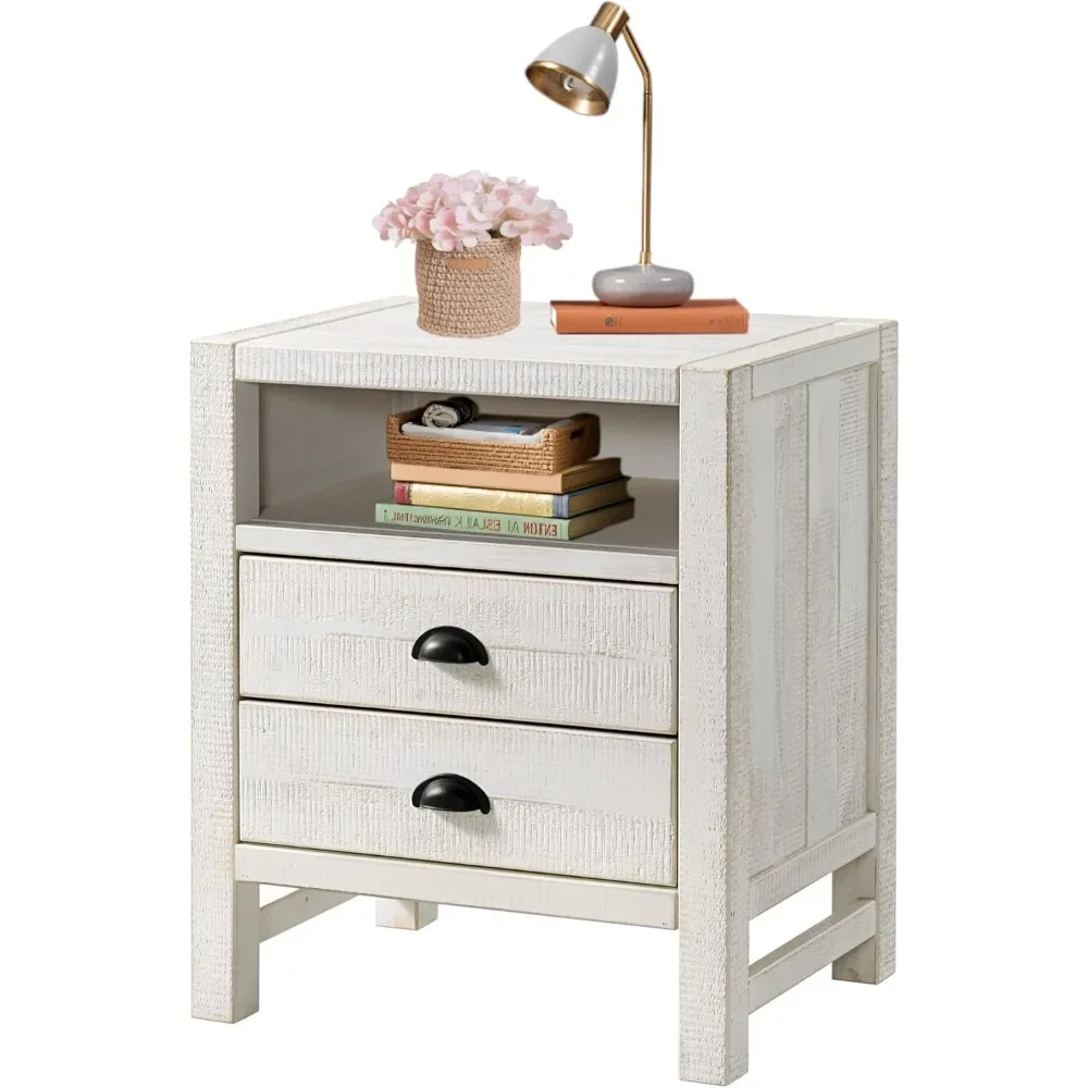 طاولات نهائية، منضدة مزرعة ريفية مع رف مفتوح ودرجين، طاولة بجانب السرير خشبية مع أثاث معدني للتخزين