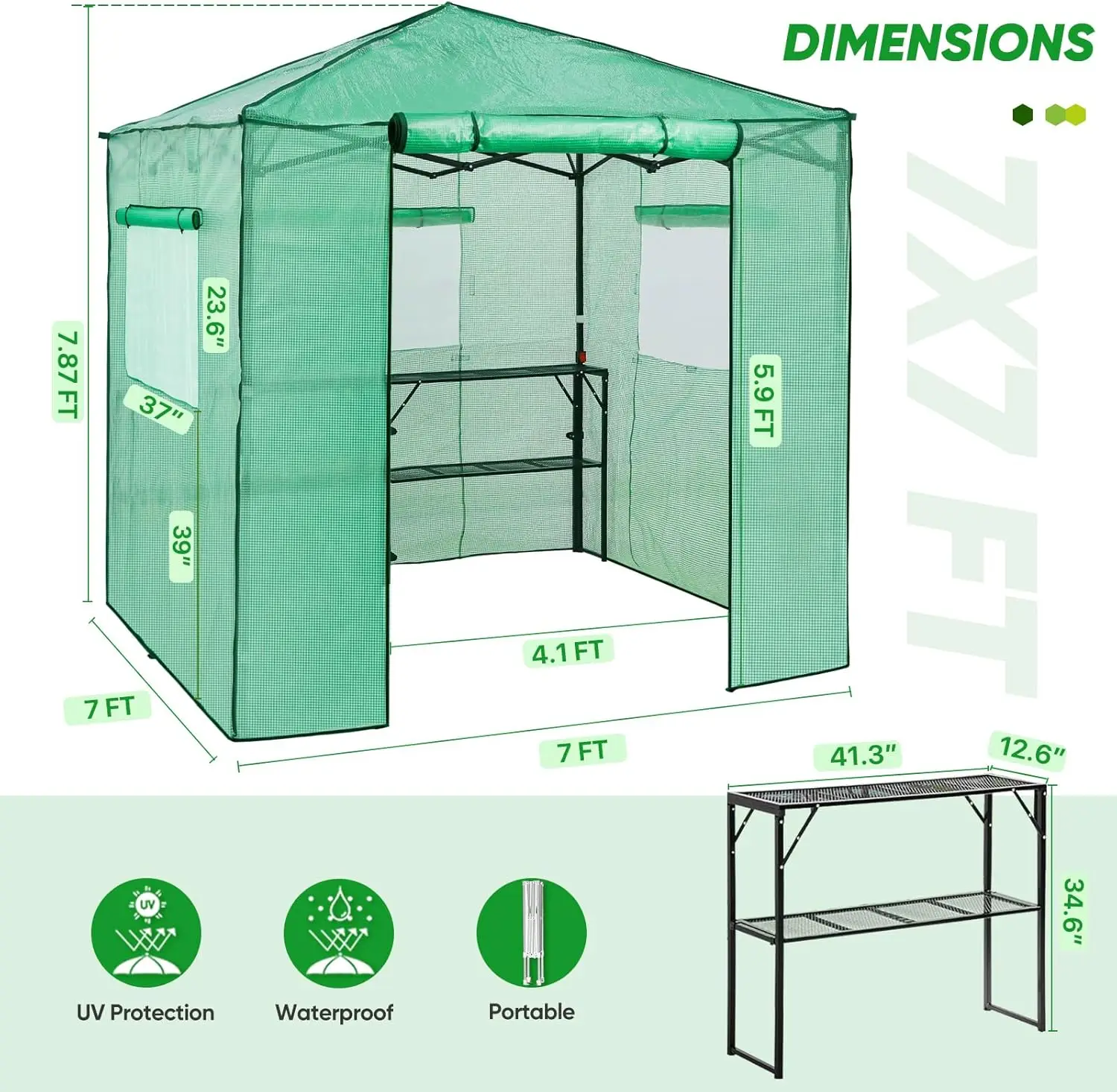 7x7 Pop up Greenhouse Portable Walk-in Outdoor Gardening Green House with 2 Foldable Shelves, Roll-up Zipper Entry Door and 3