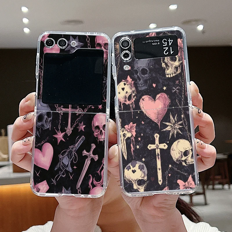 Funda de teléfono con cruz de calavera y lazo rosa gótico creativo para Samsung Galaxy Z Flip 7 Flip 6 5 4 3 funda plegable para Z Flip7 Flip5 Fundas