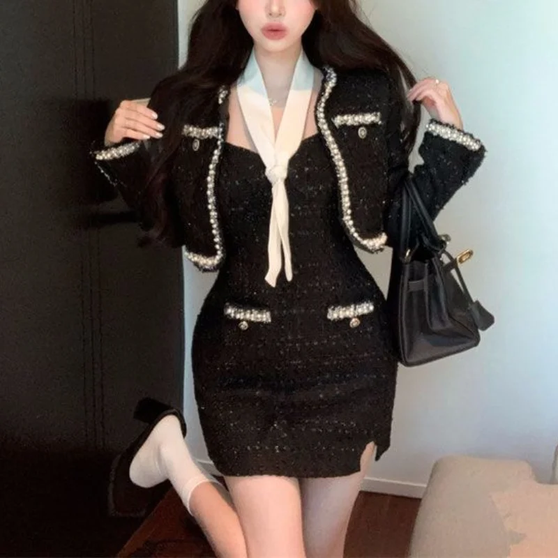 Women Autumn Korean New Wool Set Fashionable Diamond Button Spliced Sexy Sling Dress Short Skirt Long Sleeved Coat Two Piece Set