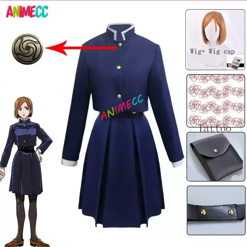 

Jujutsu Kaisen Kugisaki Nobara Cosplay Costume Wig Pocket Tattoo Anime Halloween Women Uniform Full Set for Women Girls