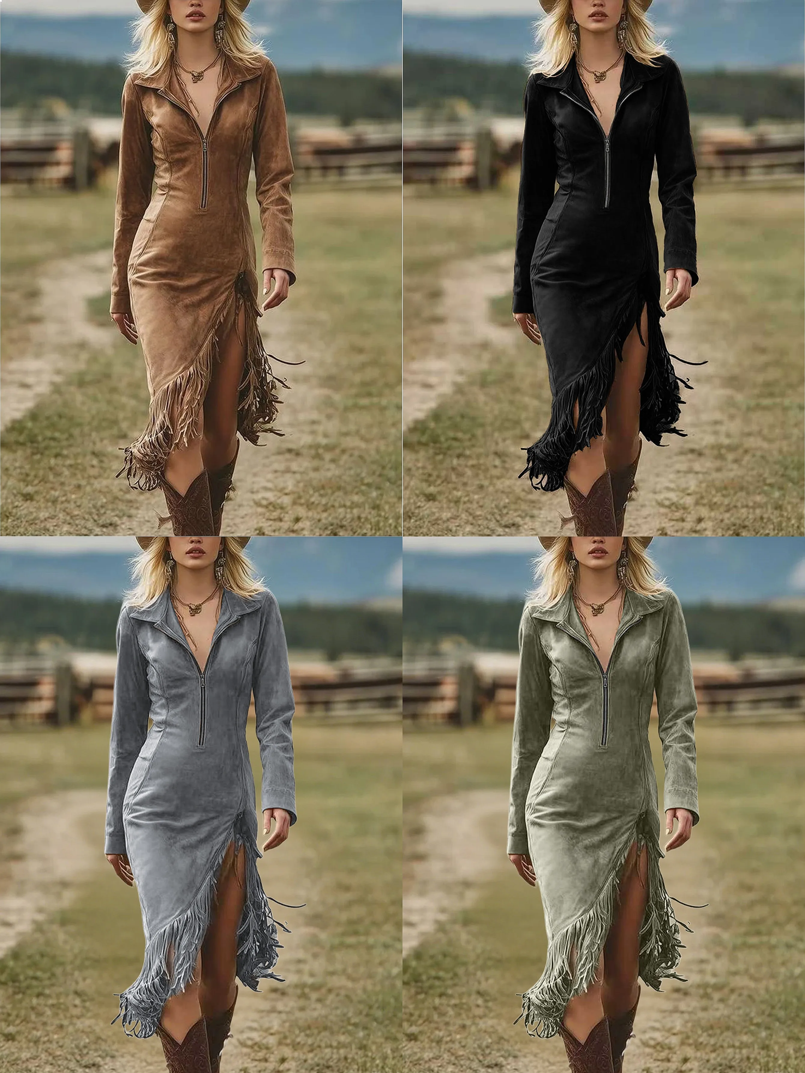 Vestido sexy de gamuza con flecos estilo western, mono ajustado de manga larga, conjunto a juego, vestido de noche