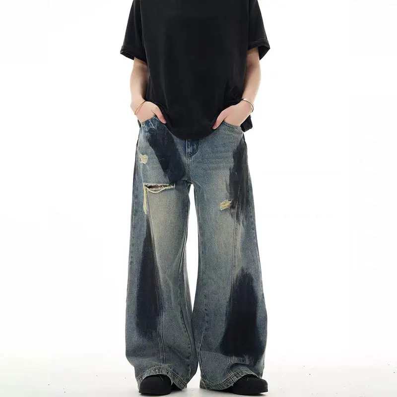 European and American Fashion Splash-ink Ripped Jeans, Women's Spring and Summer Loose Wide-leg Pants, Casual Floor-length Jeans
