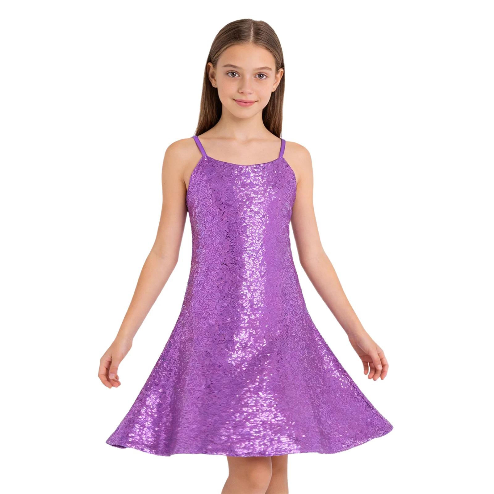 Kids Girls Sparkly Sequins Cami Dress Adjustable Spaghetti Strap Lining Dresses Birthday Party Pageant Prom Dancing Stage Wear view 2