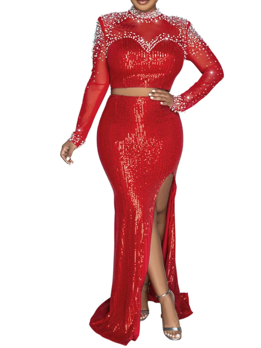 

Sexy Solid Color Glitter Sequin Rhinestone Beads Decor Long Sleeve Top and High Waist Mermaid Skirt 2pcs Set