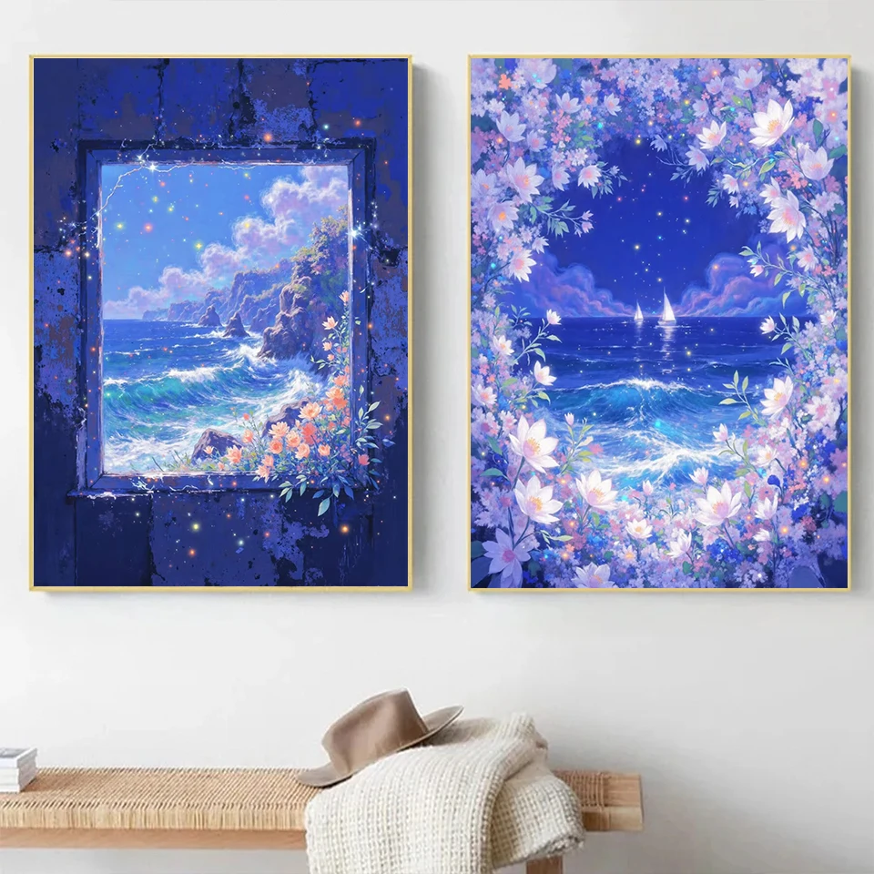 1 Stück rahmenloses Diamant-Gemälde, Traumlandschaft, Meer, Diamant-Gemälde, DIY, Mosaik, Blumen, Landschaft, Druck, Randaufkleber, Strass