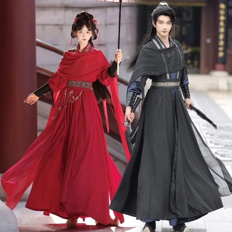 

Large Size 4XL Chinese Hanfu Couples Halloween Carnival Cosplay Costume Party Outfit Black&Red Hanfu Tang Suits For Women Men