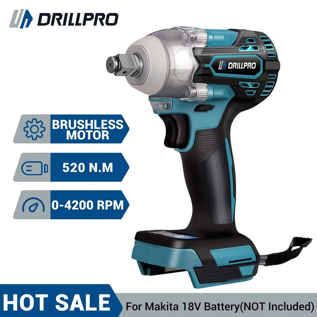 

Drillpro 520N.M Brushless Cordless Electric Impact Wrench Rechargeable 1/2"Drive Wrench Power Tool Compatible Makita 18V Battery