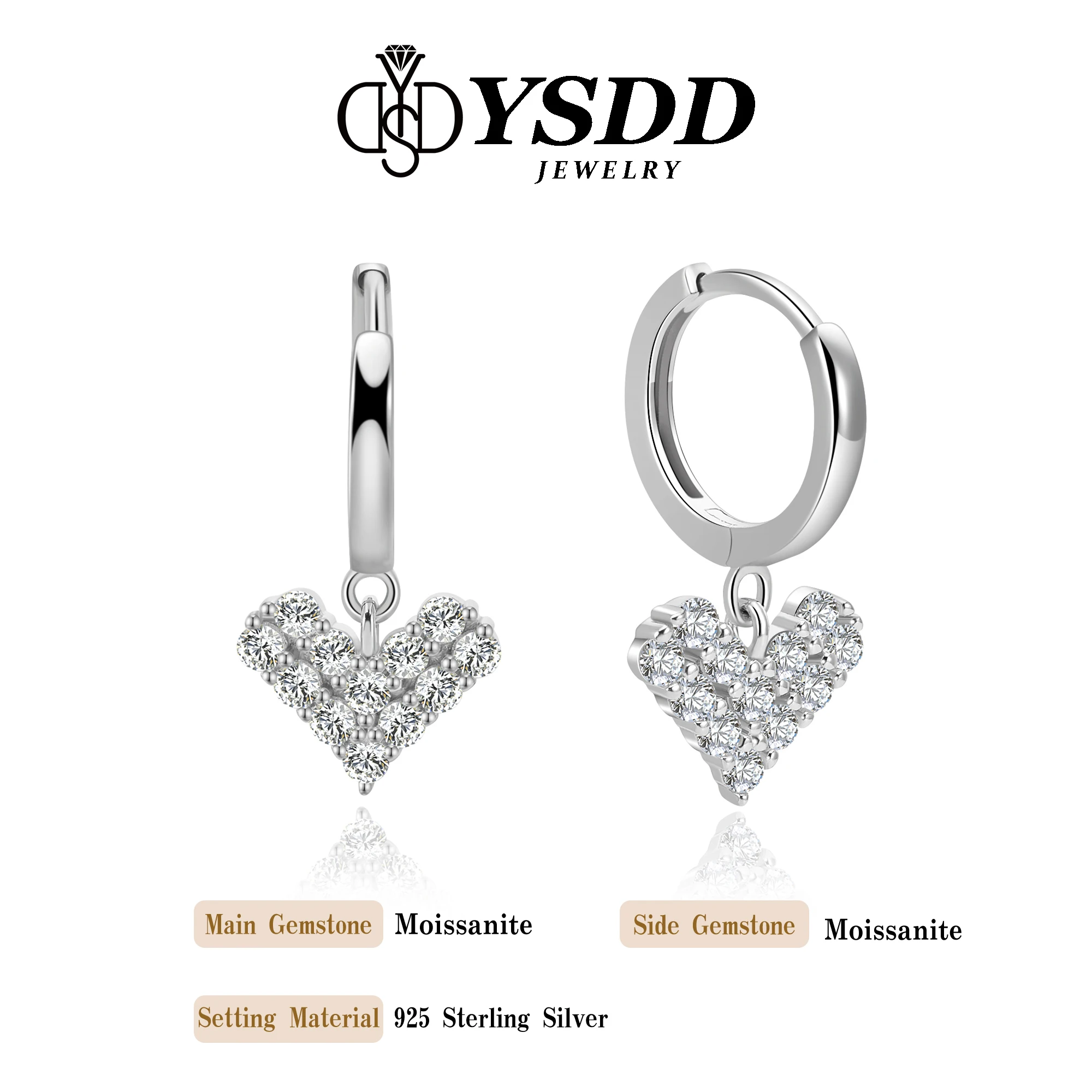 # 309 YSDD ของแท้แฟชั่น 12 D สี VVS1 Moissanite รูปหัวใจผู้หญิงต่างหูประณีตเครื่องประดับที่มีใบรับรอง