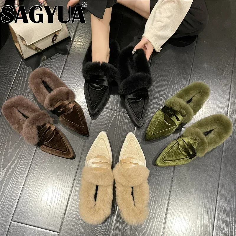 Suede Luxury Furry Slippers Women Plush Warm Home Shoes Ladies Pointed Toe Sexy Party Heels Winter Fur Slides Fad Botas De Mujer