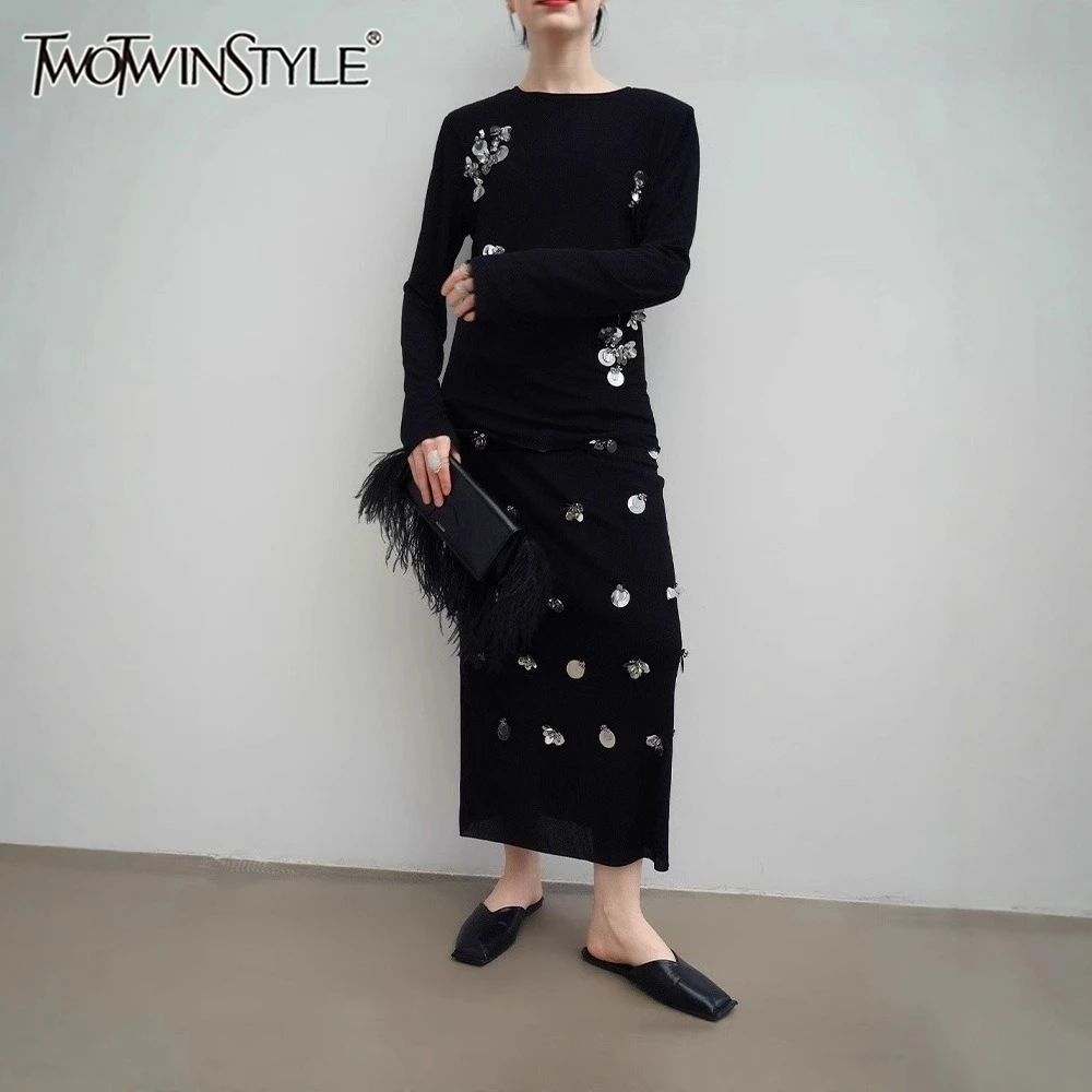 

TWOTWINSTYLE Black Spliced Beading Two Piece Set Female O Neck Long Sleeve T Shirt Elegant Luxury Women's Skirt Set Fashion New