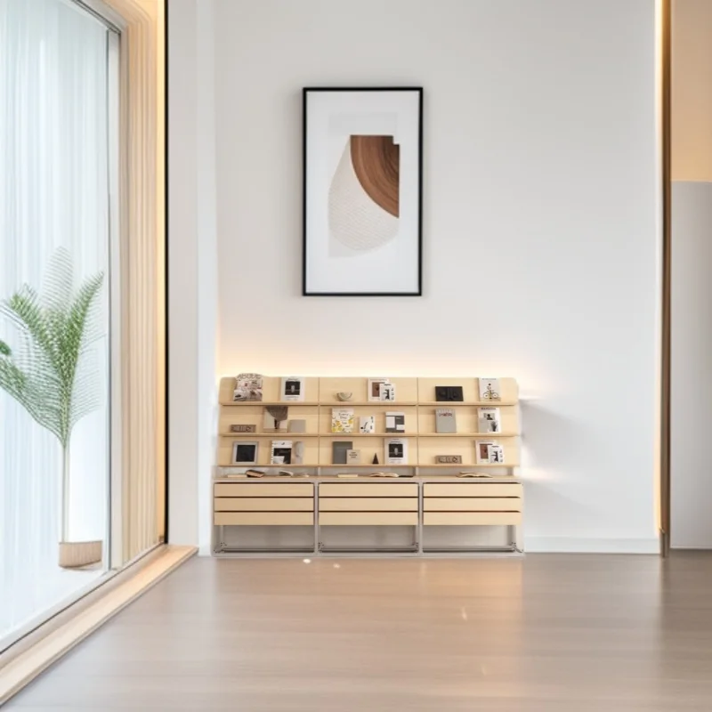 

Алюминиевый профильный стеллаж-витрина для демонстрации ювелирных изделий, образцов, с выдвижными ящиками, из березы, в стиле Накадзима