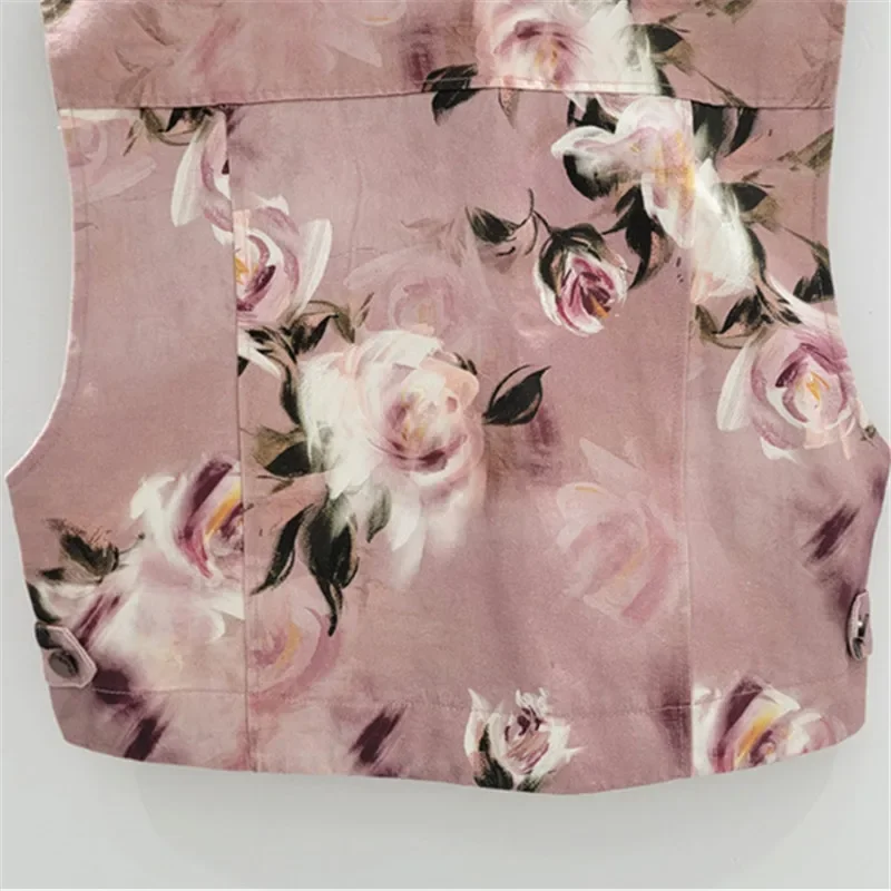 Moda Kwiatowy nadruk Perłowy diament Cekiny Różowa krótka kamizelka damska Casual Luźna kamizelka damska z klapami Jednorzędowa kamizelka bez rękawów