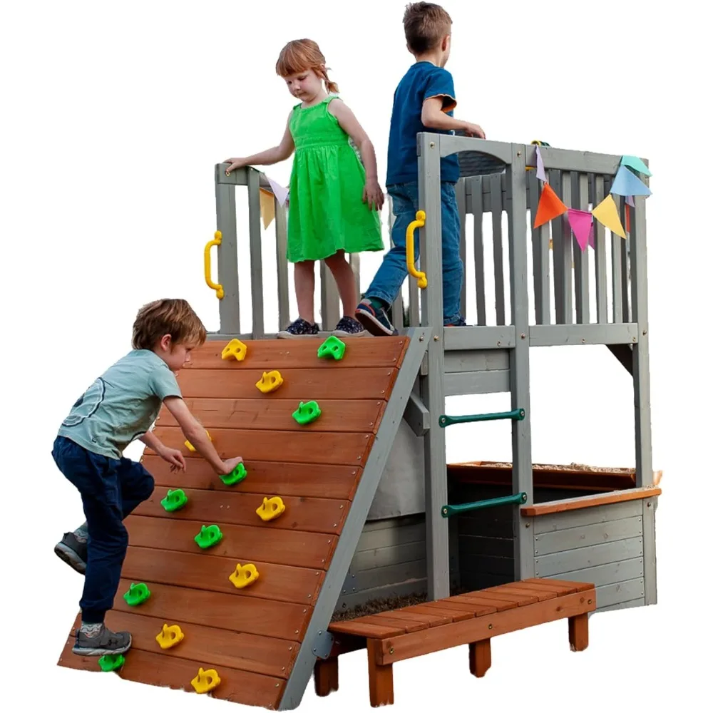 Playhouse.Large Playhouse for Kids Outdoor Wooden Playhouse with Sandbox, Bench, Play Telescope, Ladder, Climbing Ramp =