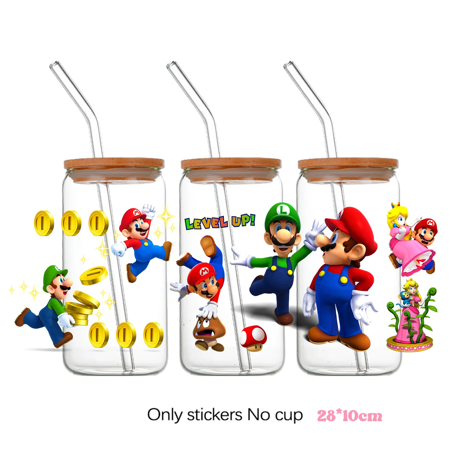 سوبر ماريو بروس لتقوم بها بنفسك القرطاسية ملصق دائم مقاوم للماء تخصيص نقل ملصق ماريو 16 أوقية الأشعة فوق البنفسجية DTF كأس ملصق هدية