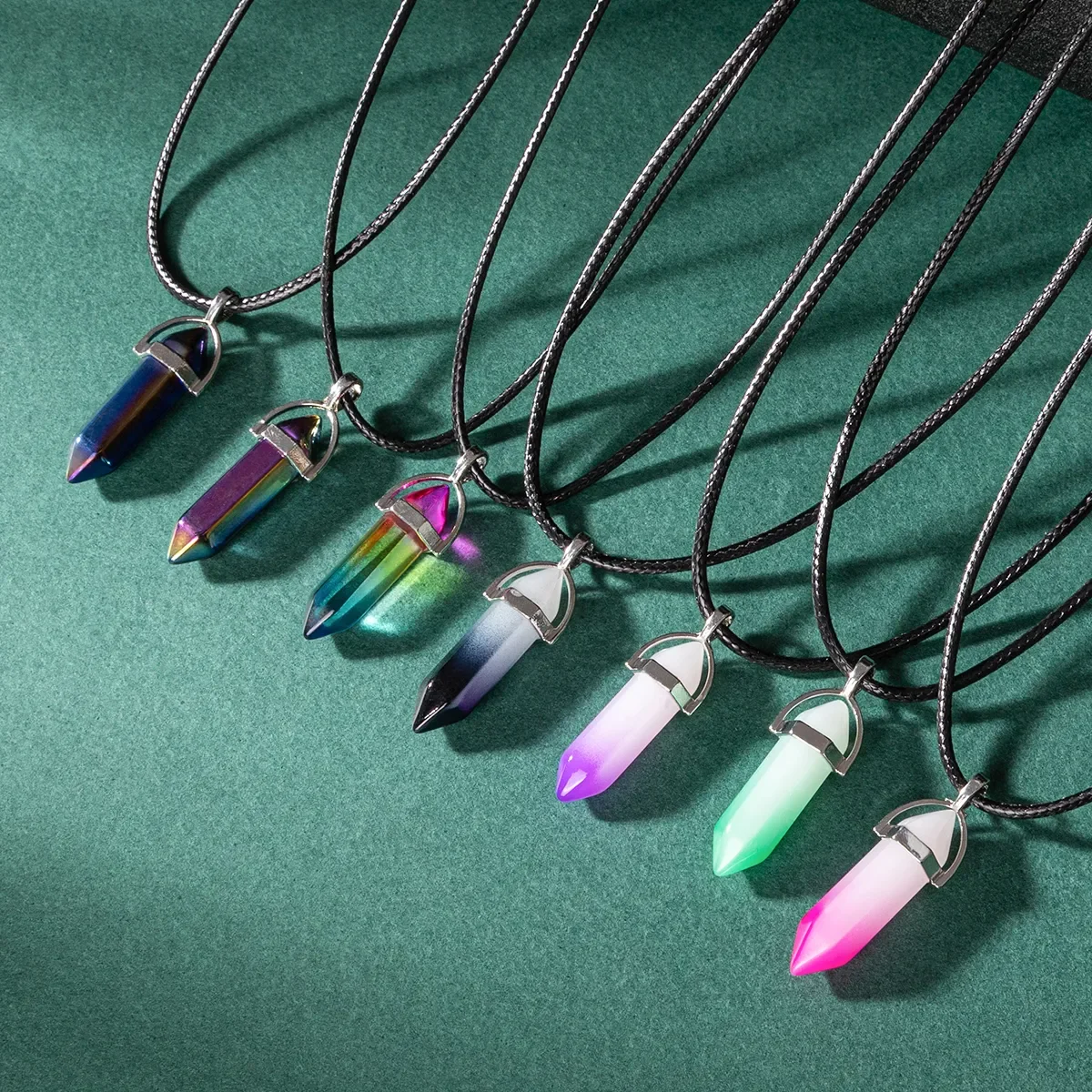 7pcs/set Natural Stone Pendant Hexagon Prism Pendulum Chakra Jewelry Healing Crystal Quartz Point Women Men Necklaces