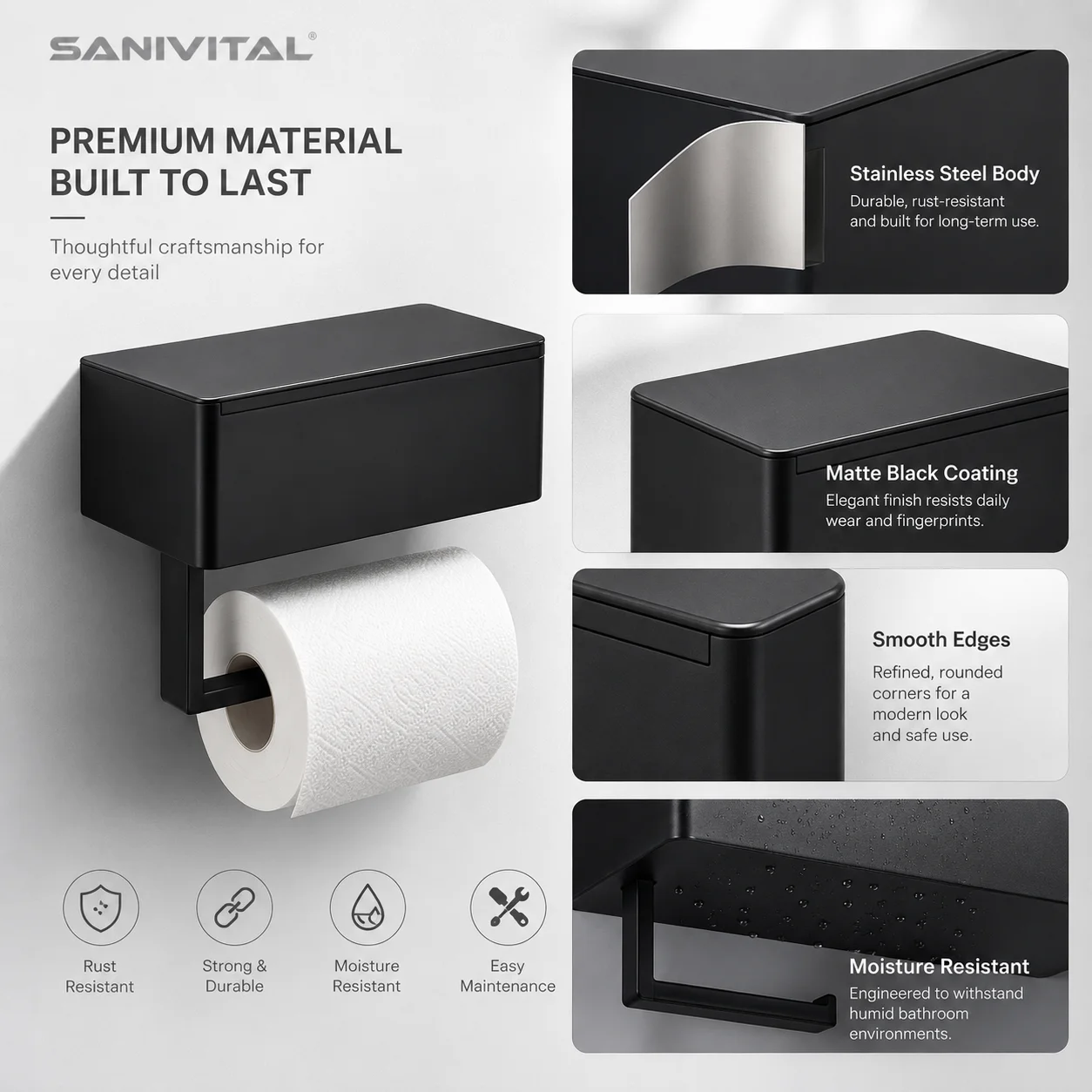 SANIVITAL Drill Mount Toilet Paper Holder Matte Black Wall Mounted Tissue Roll Holder with Storage Shelf for Bathroom view 2
