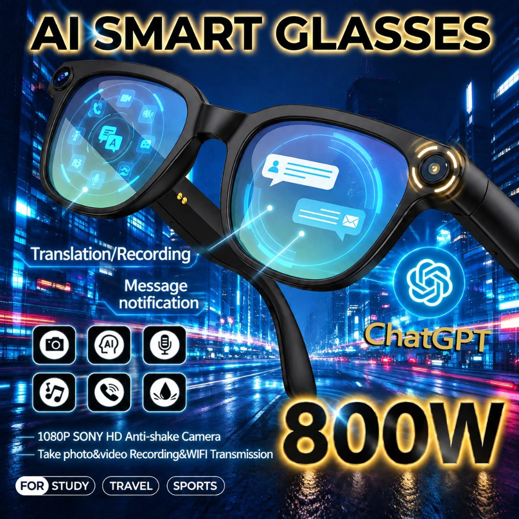 New Smart Glasses 800W ChatGPT Taking Photos Chatting Listening Music Making Phone Call 1080P Video Recording Women Men Glasses