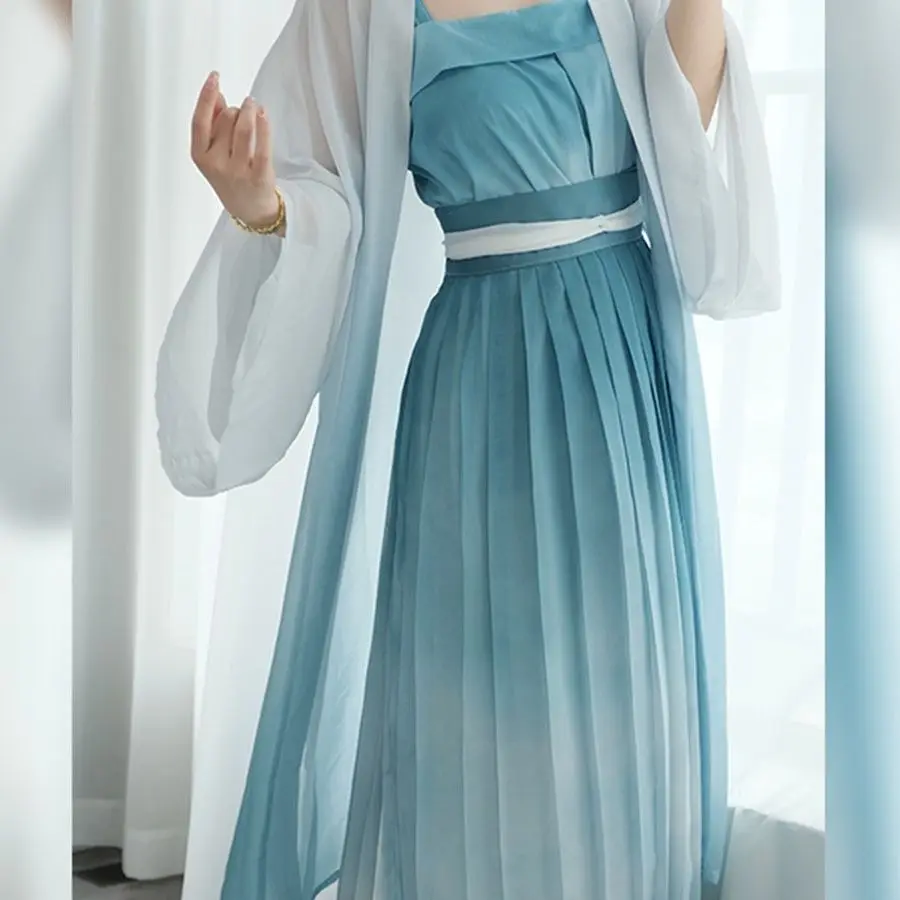 Elegant Summer Chinese Hanfu Dress  Improved Modern Style Traditional Gradient Cyan Cardigan Coat+Top+Skirt  Sets Hanfu Female