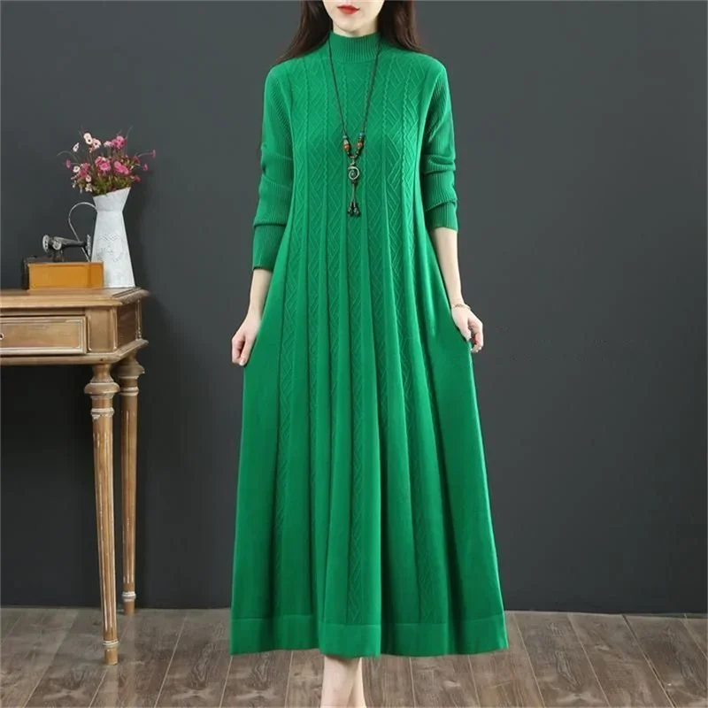 2024 Autumn/Winter Oversized Covering Belly Dress Sweater Underlay For Mother's New Long Knitted Woolen Dress Pullover 3XL Green