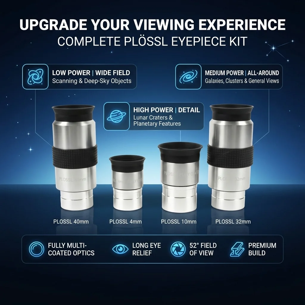 Plossl Eyepiece Set for Telescope, 40mm 32mm 10mm 4mm Lens Kit, 1.25 inch Fully Multi-Coated Optics with Long Eye Relief