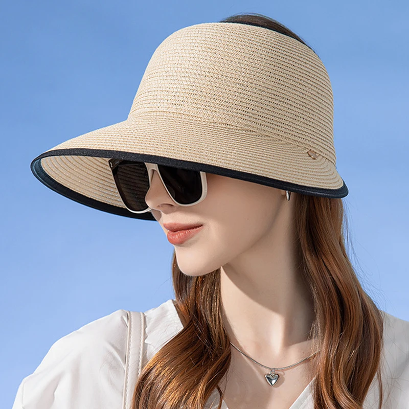 Summer Straw Empty Top Sun Hat Women Large Wide Brim Anti-UV Sunscreen Visors Outdoor Foldable Roll Up Travel Vacation Beach Cap