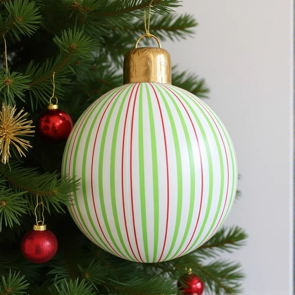 22-calowa gigantyczna nadmuchiwana bomba choinkowa, pogrubiona bomba choinkowa z PVC w paski, dekoracja świąteczna na zewnątrz, na podwórko.