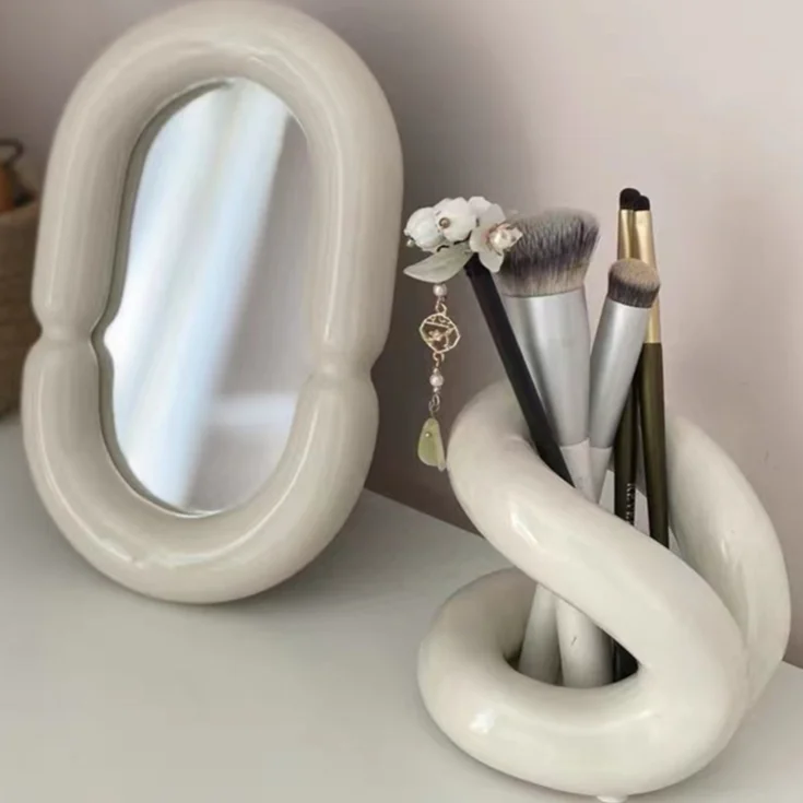 Soporte de cerámica para cepillo de dientes de baño, estante de almacenamiento con nudo de cuerda, organizador de maquillaje, decoración nórdica del hogar