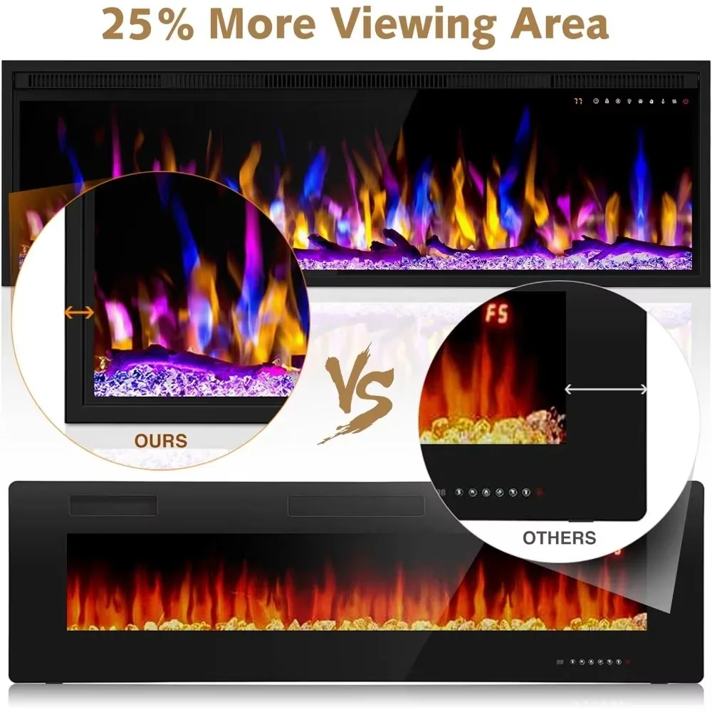 스마트 와이파이 가능 전기 벽난로 히터, 13 가지 화염 색상 조절 가능, 오목한 벽 및 벽걸이 선형 벽난로, 50 인치