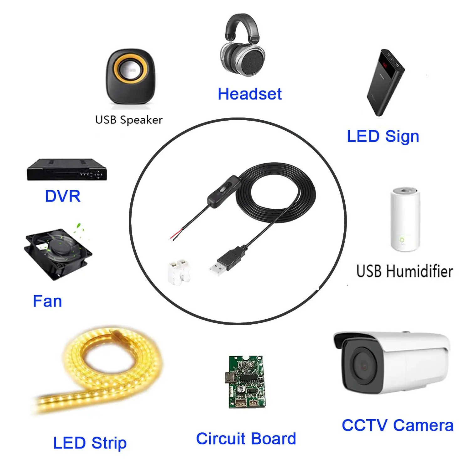تيار مستمر 2-pin كابل يو اس بي مع تشغيل/إيقاف التبديل USB A إلى 2 دبوس 2 سلك عاري كابل شحن موصل ل 5 فولت/LED لمبة مكتب/مروحة يو اس بي/شرائط ليد