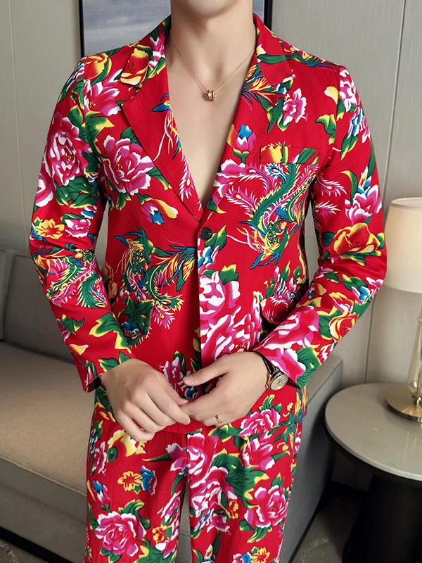 

Trendy Red Peony Patterned Men's Spring Autumn Jaet Small Western Sle Coat Large Size Comfortable Cotton Faion Top