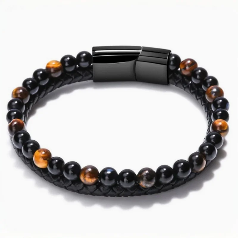 6mm Natural Lava Stone Tiger Eye stones Leather Braided Double Layer Bracelet Men's Boho Healing Jewelry for Grounding Courage