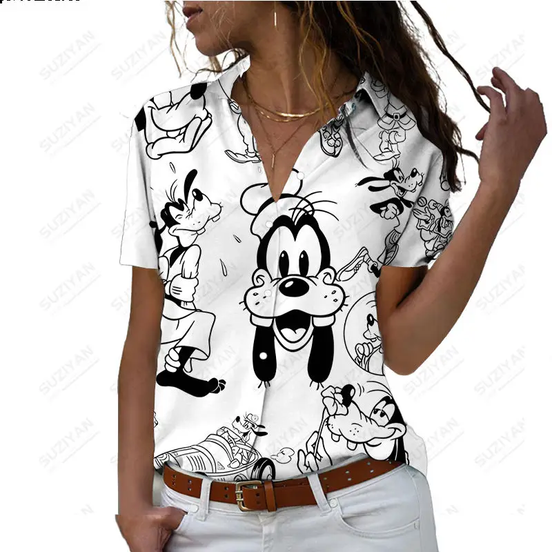 Disney-camisa casual bonito dos desenhos animados, impressão 3D, manga curta, solta, harajuku havaiano, casaco de botão grande, top, novo, verão, 2023