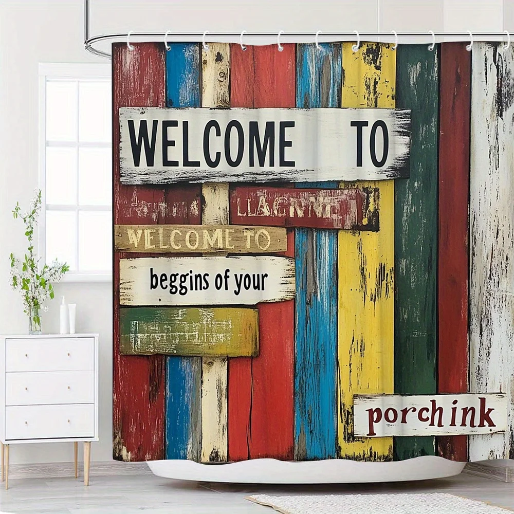 1PC Rustic Welcome Sign Shower Curtain – 'WELCOME TO' in Black, Custom Text in Red, 2D Print, 70