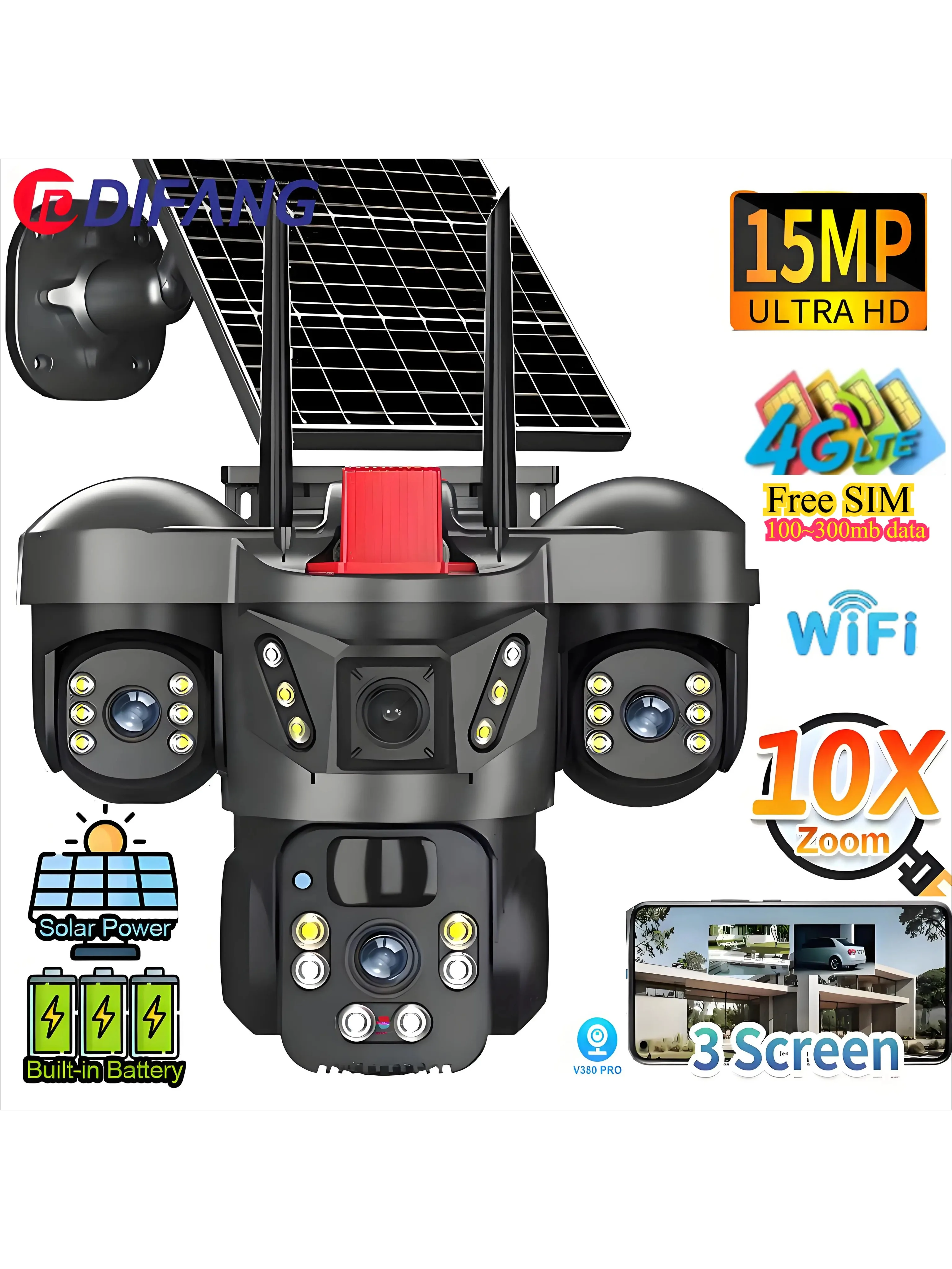 8K 15MP Draadloze WiFi Solar Camera Drie Lens Drie Scherm 4G Sim-kaart Solar Cam Menselijke detectie Outdoor Solar Surveillance V380 Zonne-energie Bewakingscamera Buiten, Solar CCTV Camera met - afbeelding 2