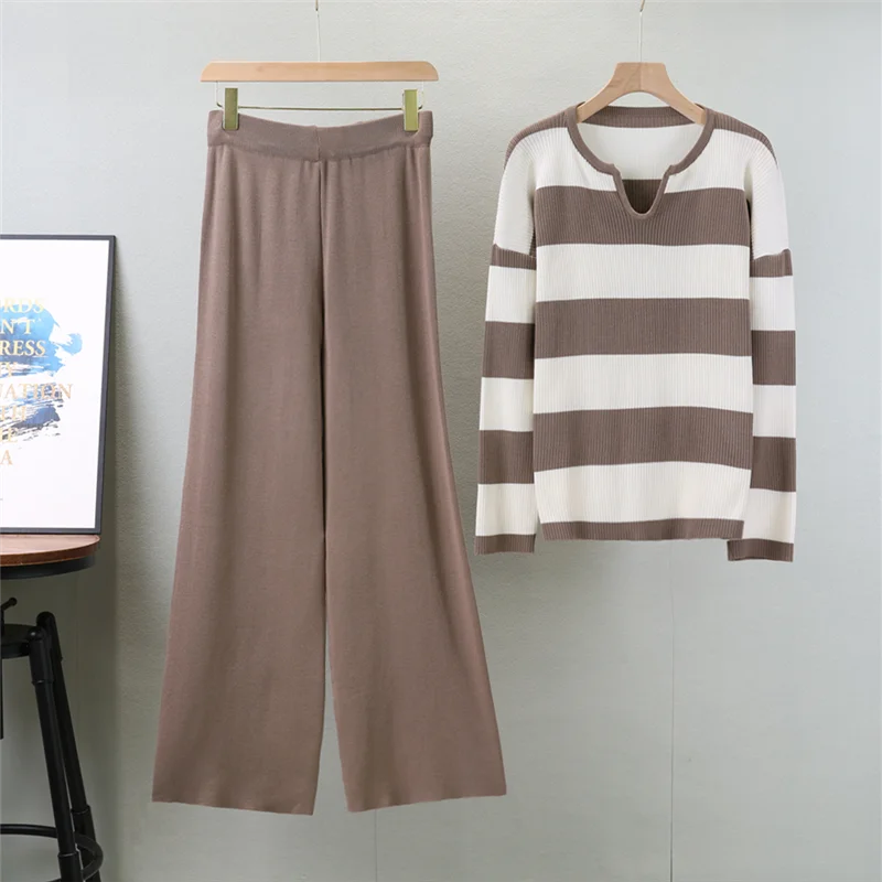 2024 Autumn New Retro Women Sweater Set Casual Pullovers Suits Striped Knitted Long Sleeve Elegance Tops Elastic Wide Leg Pant